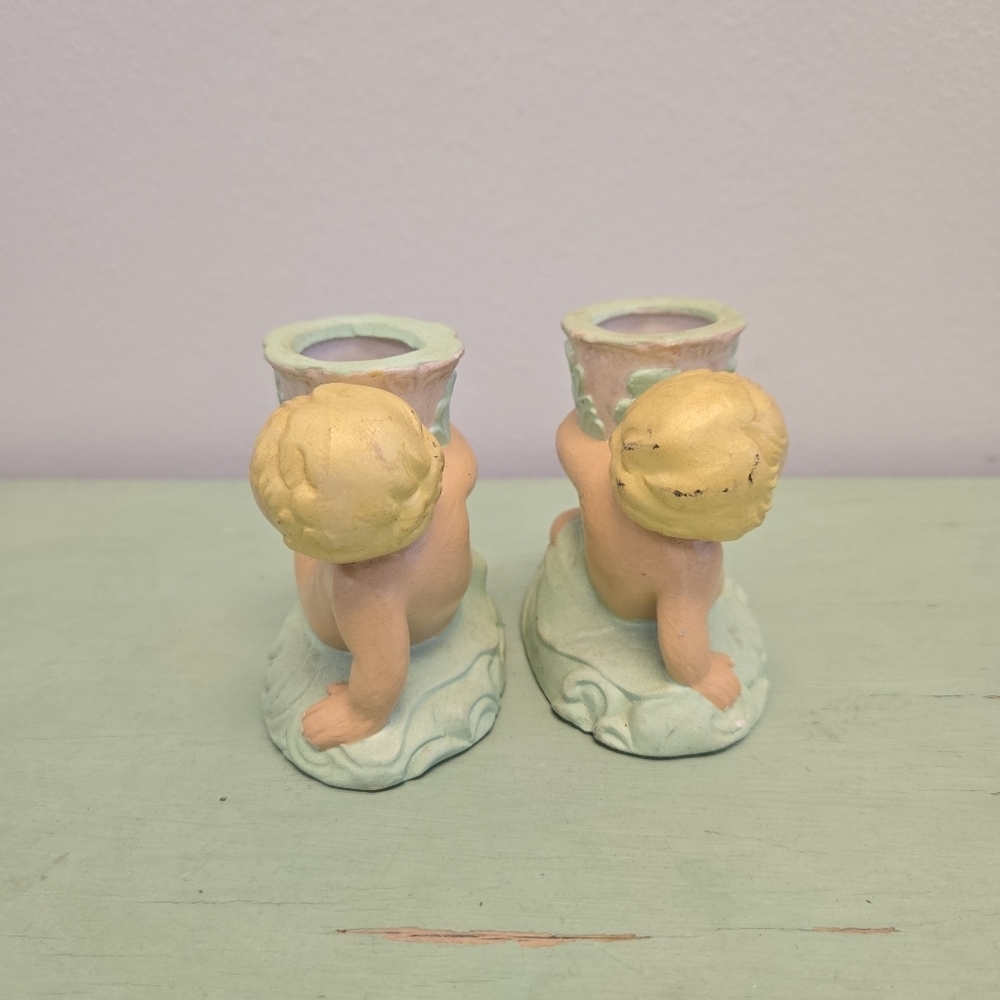 Cherub Candlestick Holders Pair Vintage - Picture 4 of 6